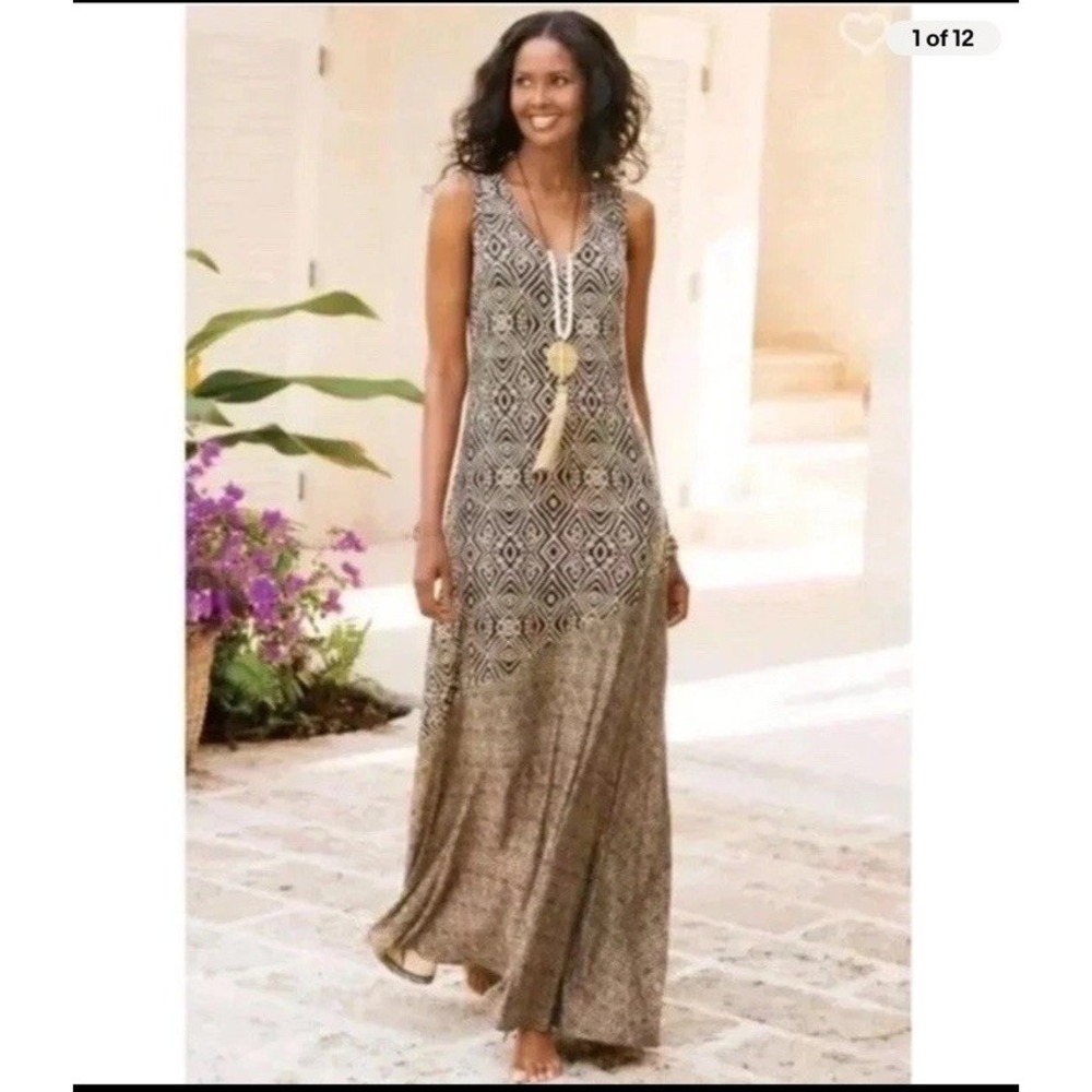 Soft Surroundings Tulum Maxi Dress Size Medium Tribal Print Brown Jersey Stretch - Picture 2 of 9